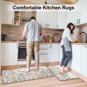 Alishomtll 2 PCS Kitchen Rugs and Mats, Floral Cushioned Anti-Fatigue Kitchen Rugs, Waterproof Non-Slip Washable Flowers Kitchen Mats for Kitchen Floor Laundry Office (17.3"x30"+17.3"x47")
