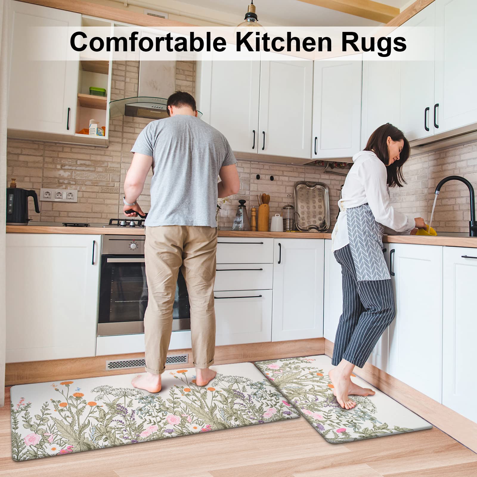 Alishomtll 2 PCS Kitchen Rugs and Mats, Floral Cushioned Anti-Fatigue Kitchen Rugs, Waterproof Non-Slip Washable Flowers Kitchen Mats for Kitchen Floor Laundry Office (17.3"x30"+17.3"x47")