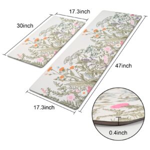 Alishomtll 2 PCS Kitchen Rugs and Mats, Floral Cushioned Anti-Fatigue Kitchen Rugs, Waterproof Non-Slip Washable Flowers Kitchen Mats for Kitchen Floor Laundry Office (17.3"x30"+17.3"x47")