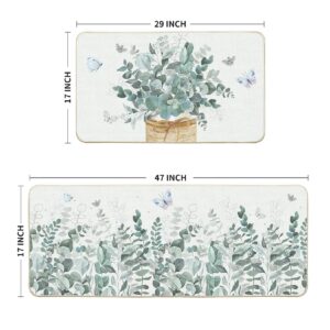Artoid Mode Eucalyptus Vase Butterfly Summer Kitchen Mats Set of 2, Spring Home Decor Low-Profile Kitchen Rugs for Floor - 17x29 and 17x47 Inch