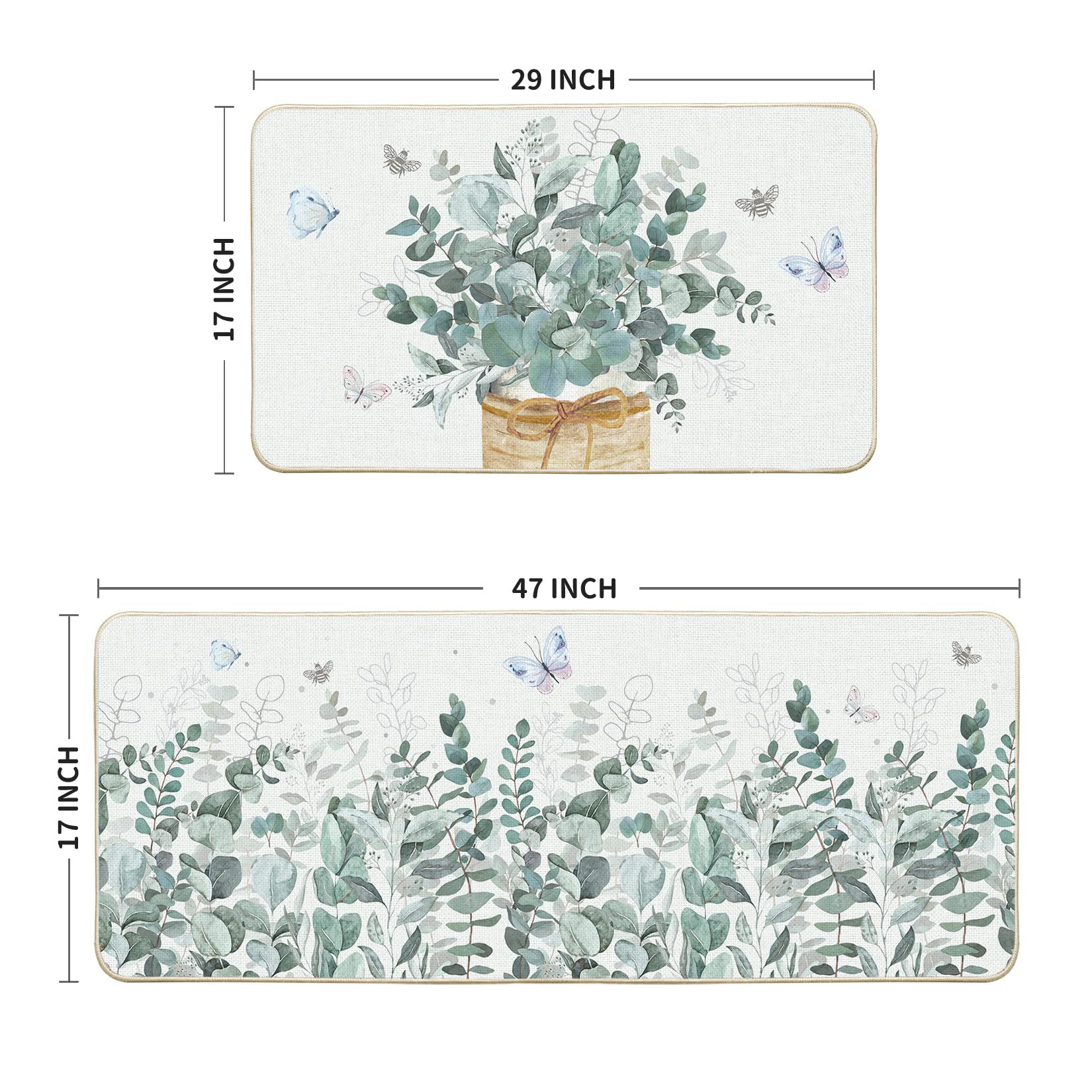 Artoid Mode Eucalyptus Vase Butterfly Summer Kitchen Mats Set of 2, Spring Home Decor Low-Profile Kitchen Rugs for Floor - 17x29 and 17x47 Inch