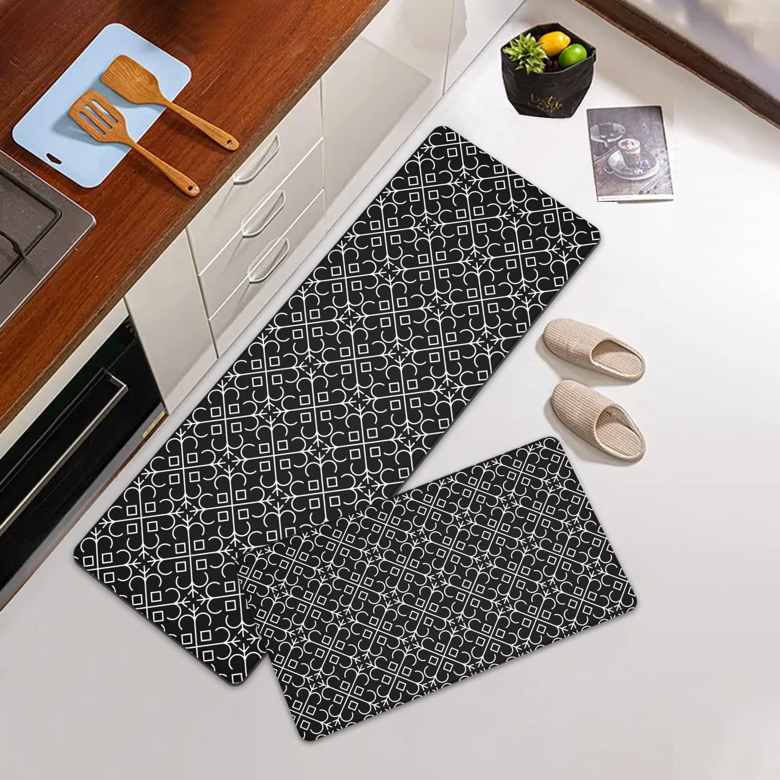 Artnice Anti Fatigue Kitchen Mat 2 Piece, White Floral Trellis Black Kitchen Rugs, Memory Foam Kitchen Floor Mats for Work Place Kitchen Hallway Bedroom Living Room