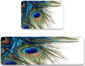 peacock feather kitchen rug set of 2 watercolor colorful peacock feathers eyes oriental comfort standing floor mat anti fatigue non skid washable doormat bathroom runner rugs bedroom area carpet
