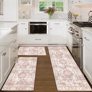 melajia boho kitchen rugs sets of 3 non slip washable pink durability laundry room mat for washer and dryer easy to wipe low-profile runner rug for hallway entryway bathroom