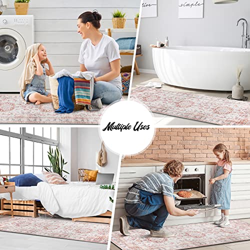 MELAJIA Boho Kitchen Rugs Sets of 3 Non Slip Washable Pink Durability Laundry Room Mat for Washer and Dryer Easy to Wipe Low-Profile Runner Rug for Hallway Entryway Bathroom