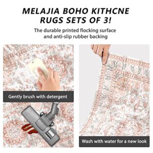 MELAJIA Boho Kitchen Rugs Sets of 3 Non Slip Washable Pink Durability Laundry Room Mat for Washer and Dryer Easy to Wipe Low-Profile Runner Rug for Hallway Entryway Bathroom