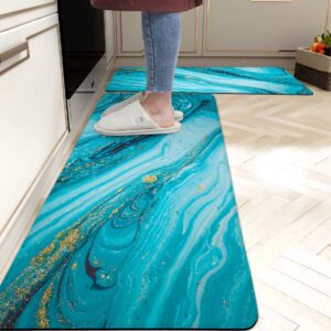 turquoise kitchen rugs mats cushioned anti fatigue mats for kitchen floor teal marble kitchen decor and accessories non skid waterproof comfort standing rug 0.4 inch for kitchen 2 pcs 17"x28"+17"x47"