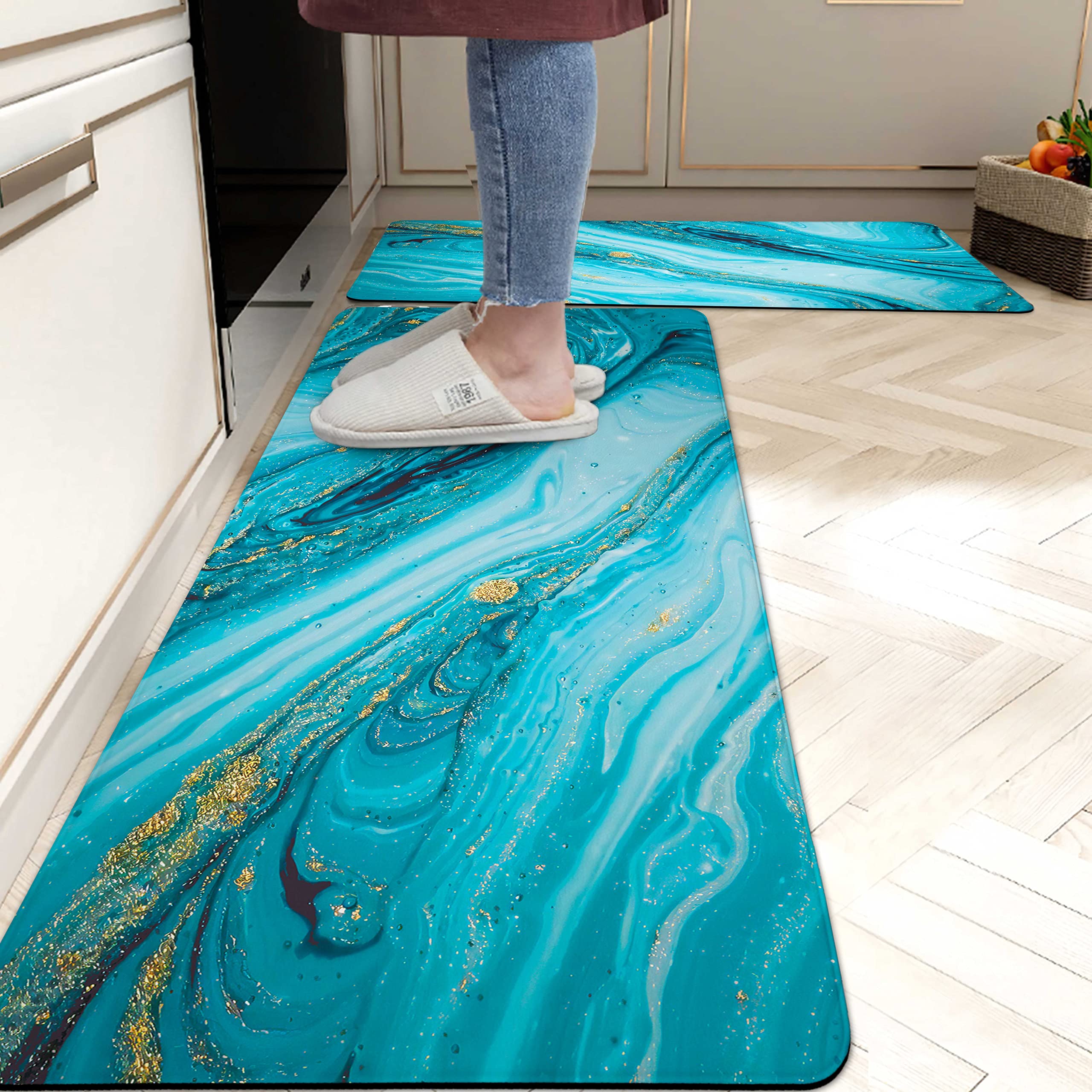 Turquoise Kitchen Rugs Mats Cushioned Anti Fatigue Mats for Kitchen Floor Teal Marble Kitchen Decor and Accessories Non Skid Waterproof Comfort Standing Rug 0.4 Inch for Kitchen 2 PCS 17"x28"+17"x47"