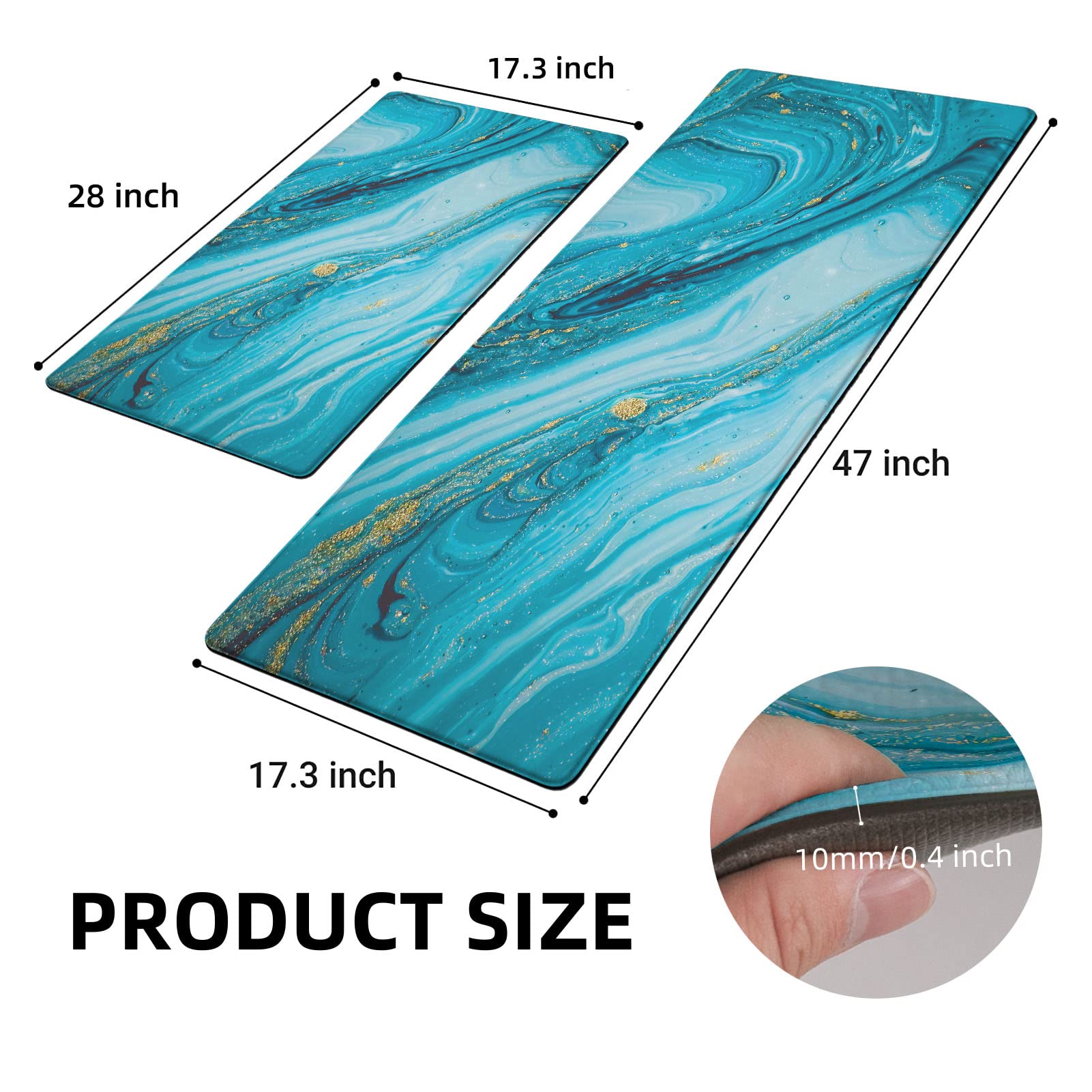 Turquoise Kitchen Rugs Mats Cushioned Anti Fatigue Mats for Kitchen Floor Teal Marble Kitchen Decor and Accessories Non Skid Waterproof Comfort Standing Rug 0.4 Inch for Kitchen 2 PCS 17"x28"+17"x47"