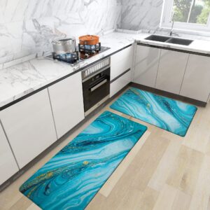 Turquoise Kitchen Rugs Mats Cushioned Anti Fatigue Mats for Kitchen Floor Teal Marble Kitchen Decor and Accessories Non Skid Waterproof Comfort Standing Rug 0.4 Inch for Kitchen 2 PCS 17"x28"+17"x47"