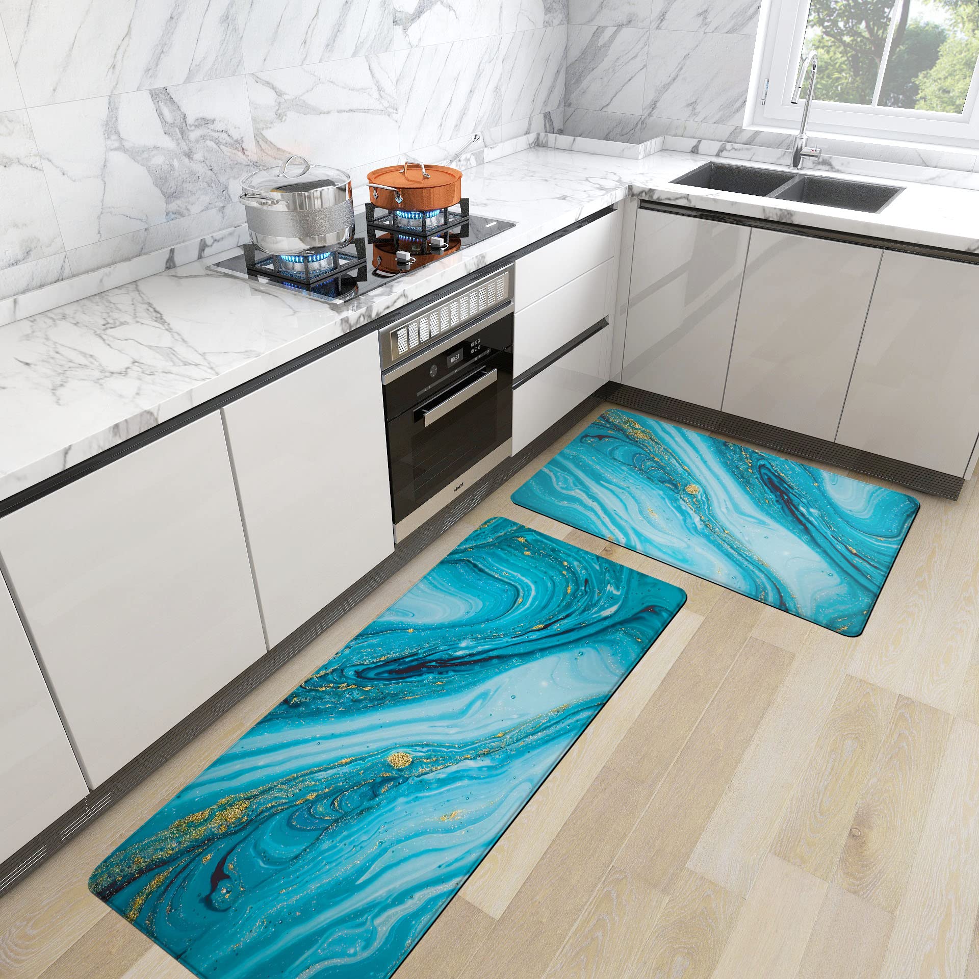 Turquoise Kitchen Rugs Mats Cushioned Anti Fatigue Mats for Kitchen Floor Teal Marble Kitchen Decor and Accessories Non Skid Waterproof Comfort Standing Rug 0.4 Inch for Kitchen 2 PCS 17"x28"+17"x47"