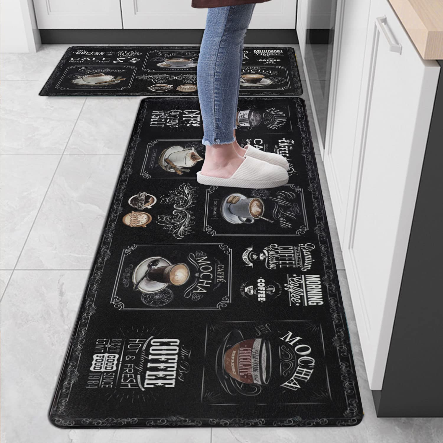 Famibay 2 Piece Kitchen Mats Anti Fatigue Cushioned Kitchen Floor Mat Non Slip Waterproof Coffee Design Wipe Clean Foam Kitchen Carpet Rugs for Kitchen Sink Laundry(17"×28"+17"×47")