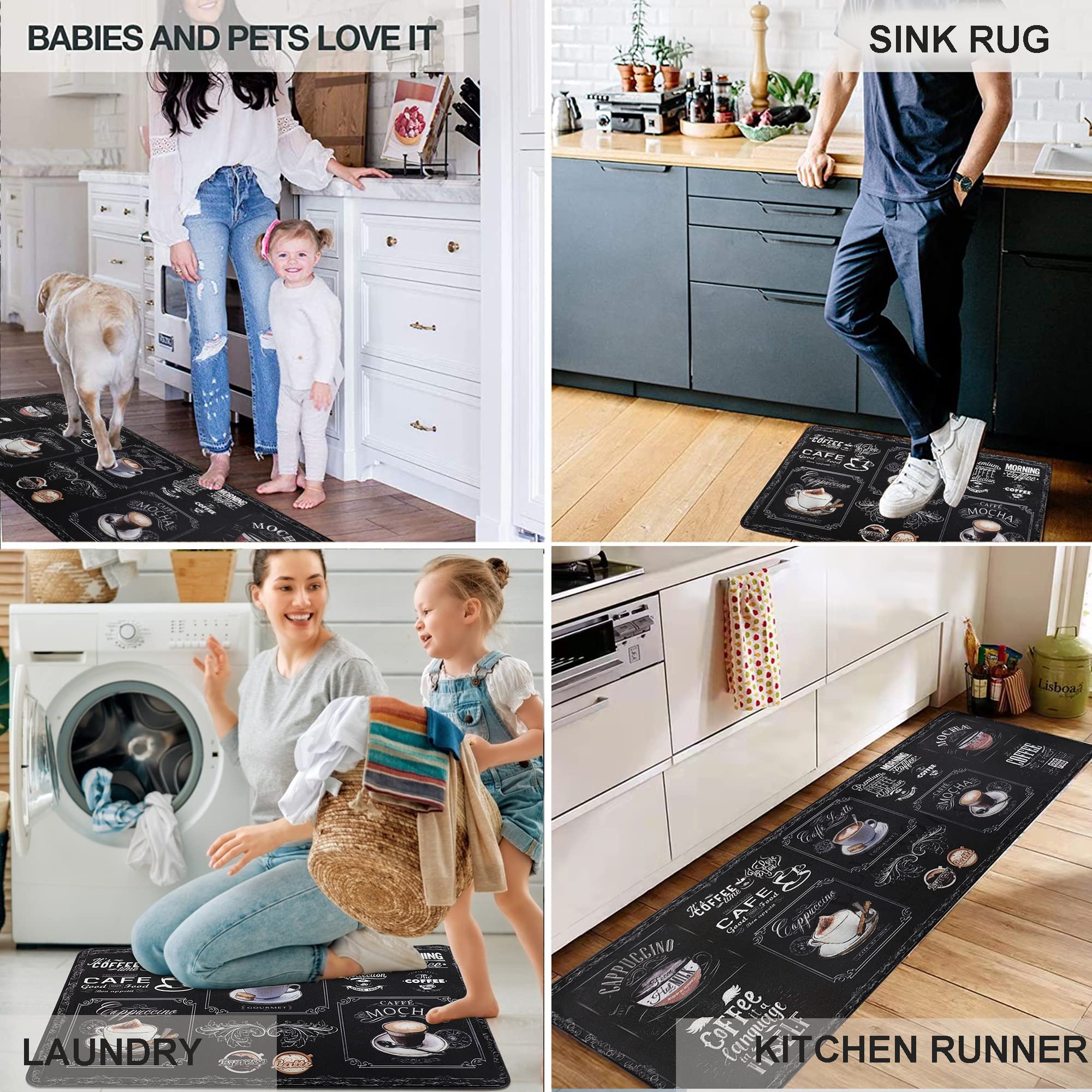 Famibay 2 Piece Kitchen Mats Anti Fatigue Cushioned Kitchen Floor Mat Non Slip Waterproof Coffee Design Wipe Clean Foam Kitchen Carpet Rugs for Kitchen Sink Laundry(17"×28"+17"×47")