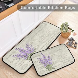 ALAZA Lavender Blossom Flower Non Slip Kitchen Floor Mat Set of 2 Piece Kitchen Rug 47 x 20 inches + 28 x 20 inches for Entryway Hallway Bathroom Living Roo