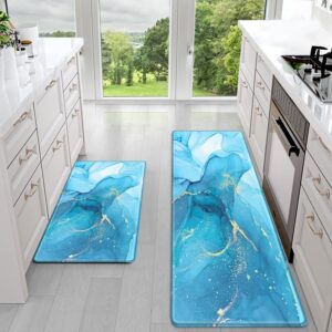 sofort kitchen mat, cushioned anti fatigue kitchen rug, set of 2 non slip waterproof blue marble kitchen mats for floor, comfort standing mats for kitchen, office, sink, laundry