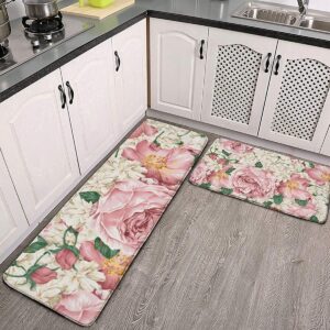 midetoy anti fatigue kitchen mat set of 2 vintage pink peonies and ivory hydrangeas standing desk mat floor mats rug for house,sink,office,kitchen 17.3"x47"+17.3"x29"