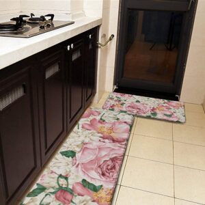 Midetoy Anti Fatigue Kitchen Mat Set of 2 Vintage Pink Peonies and Ivory Hydrangeas Standing Desk Mat Floor Mats Rug for House,Sink,Office,Kitchen 17.3"x47"+17.3"x29"