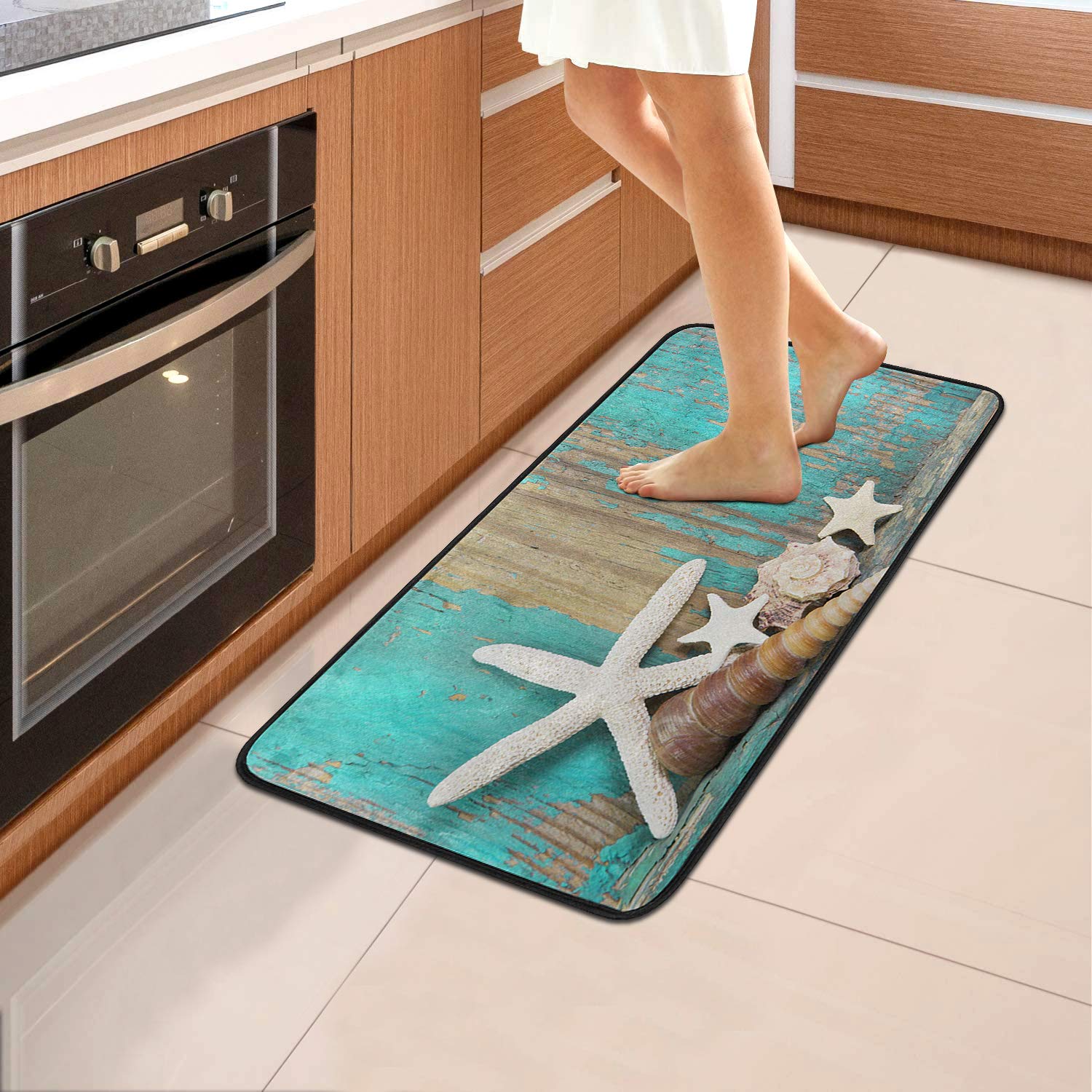 ALAZA Beach Ocean Kitchen Rugs, Kitchen Sink Floor Mat Bath Mat for Kitchen Bathroom Decor 39 x 20 Inch, Rustic Ocean Coastal Starfish Seashells Turquoise