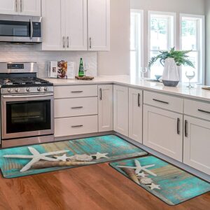 ALAZA Beach Ocean Kitchen Rugs, Kitchen Sink Floor Mat Bath Mat for Kitchen Bathroom Decor 39 x 20 Inch, Rustic Ocean Coastal Starfish Seashells Turquoise