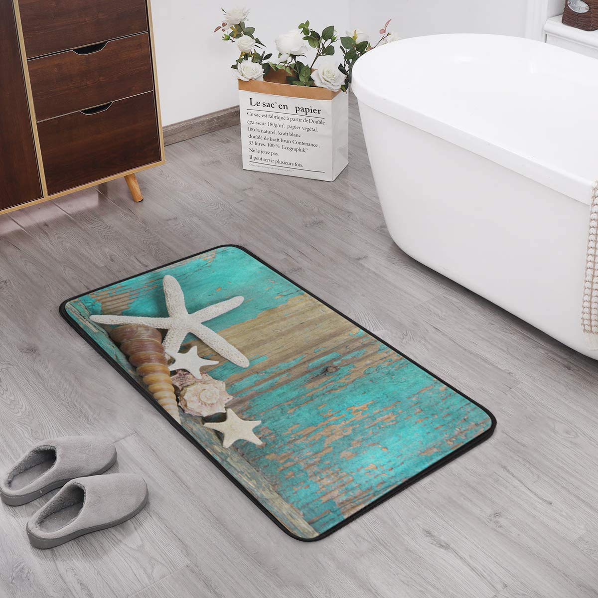 ALAZA Beach Ocean Kitchen Rugs, Kitchen Sink Floor Mat Bath Mat for Kitchen Bathroom Decor 39 x 20 Inch, Rustic Ocean Coastal Starfish Seashells Turquoise