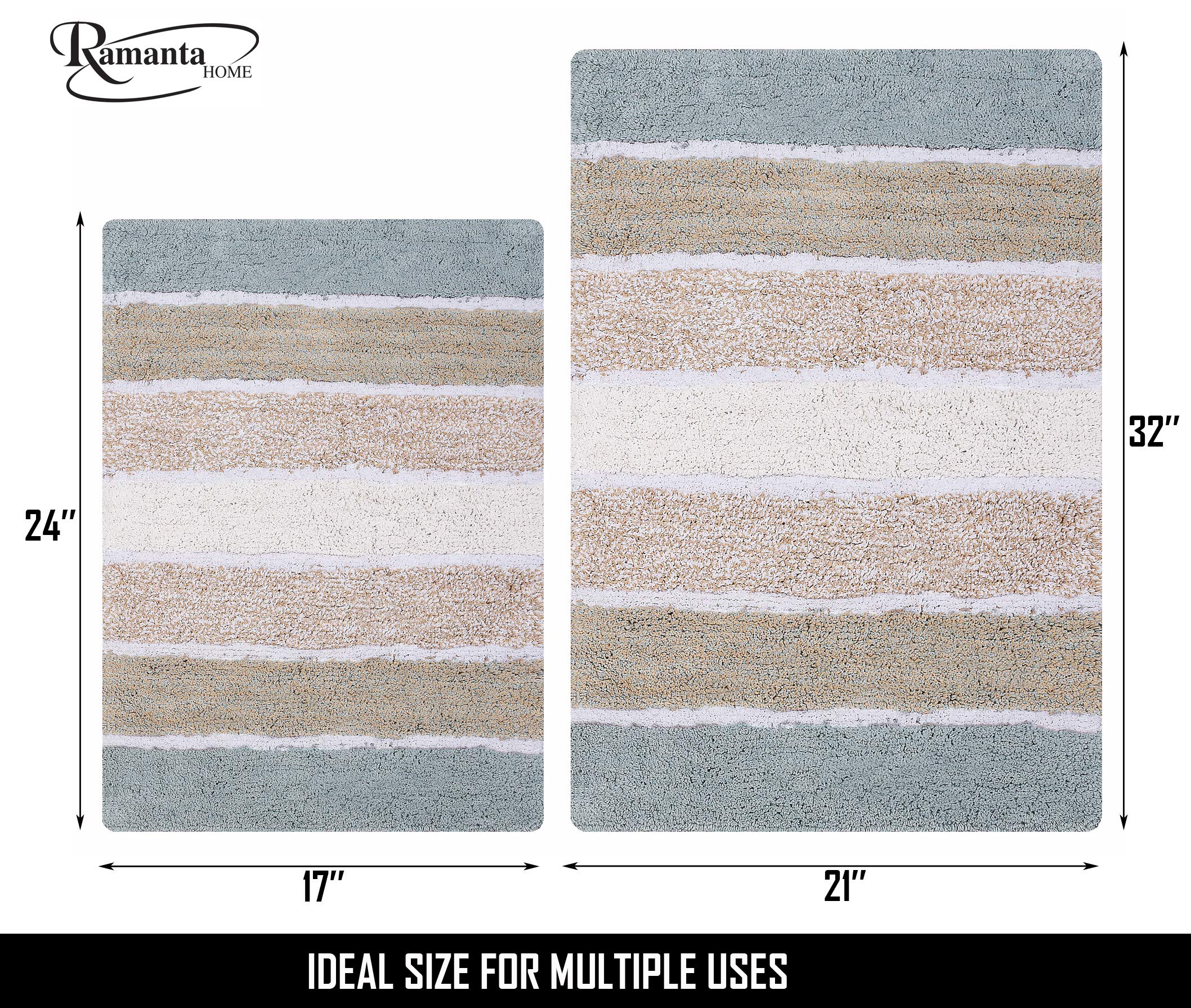 Quilted Stripe Luxury Bath Rug Set of 2, Mat Set, Soft Plush Anti-Skid Shower Rug +Toilet Mat.Quilted Rugs, Super Absorbent mats, Machine Washable Bath Mat,Size 21x32-17x24 Spa Grey-Beige
