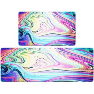 rainbow colors kitchen rugs mats set of 2 iridescent marble art anti-fatigue cushioned kitchen floor mat non-slip backing washable kitchen rugs set office laundry (rainbow, 17"x29.5"+17"x47")