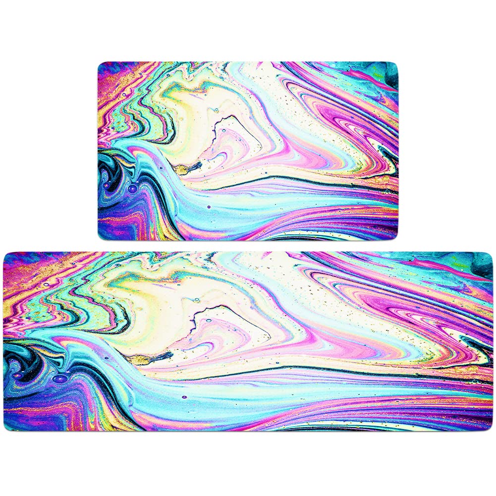 Rainbow Colors Kitchen Rugs Mats Set of 2 Iridescent Marble Art Anti-Fatigue Cushioned Kitchen Floor Mat Non-Slip Backing Washable Kitchen Rugs Set Office Laundry (Rainbow, 17"x29.5"+17"x47")