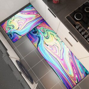 Rainbow Colors Kitchen Rugs Mats Set of 2 Iridescent Marble Art Anti-Fatigue Cushioned Kitchen Floor Mat Non-Slip Backing Washable Kitchen Rugs Set Office Laundry (Rainbow, 17"x29.5"+17"x47")