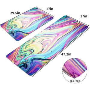 Rainbow Colors Kitchen Rugs Mats Set of 2 Iridescent Marble Art Anti-Fatigue Cushioned Kitchen Floor Mat Non-Slip Backing Washable Kitchen Rugs Set Office Laundry (Rainbow, 17"x29.5"+17"x47")