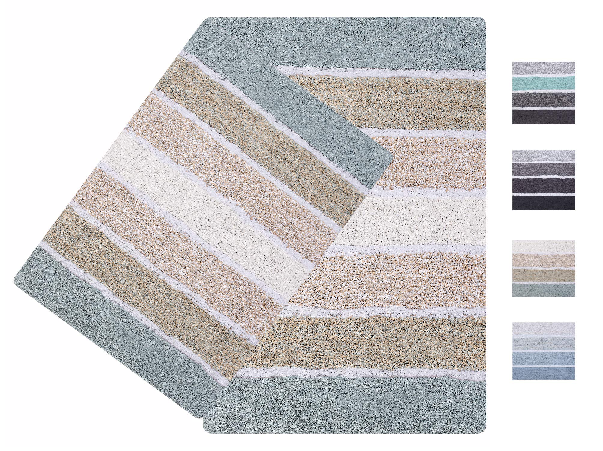 Quilted Stripe Luxury Bath Rug Set of 2, Mat Set, Soft Plush Anti-Skid Shower Rug +Toilet Mat.Quilted Rugs, Super Absorbent mats, Machine Washable Bath Mat,Size 21x32-17x24 Spa Grey-Beige