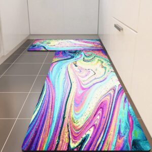 Rainbow Colors Kitchen Rugs Mats Set of 2 Iridescent Marble Art Anti-Fatigue Cushioned Kitchen Floor Mat Non-Slip Backing Washable Kitchen Rugs Set Office Laundry (Rainbow, 17"x29.5"+17"x47")
