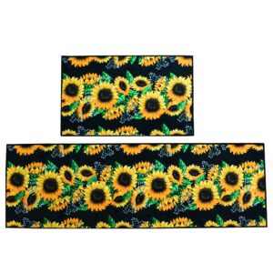 NC Sunflower Kitchen Rugs and Mats Set of 2, Anti-Fatigue Non-Slip Comfort Standing Runner Rug for Kitchen, Office, Sink, Laundry, Living Room (17"x48"+17"x24",Black)