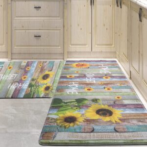 PCSWEET HOME Sunflower Kitchen Mat Set of 2 Non Slip Thick Kitchen Rugs and Mats for Floor Comfort Standing Mats for Kitchen, Sink, Office, Laundry, 17.3"x47"+17.3"x30",Multicolor