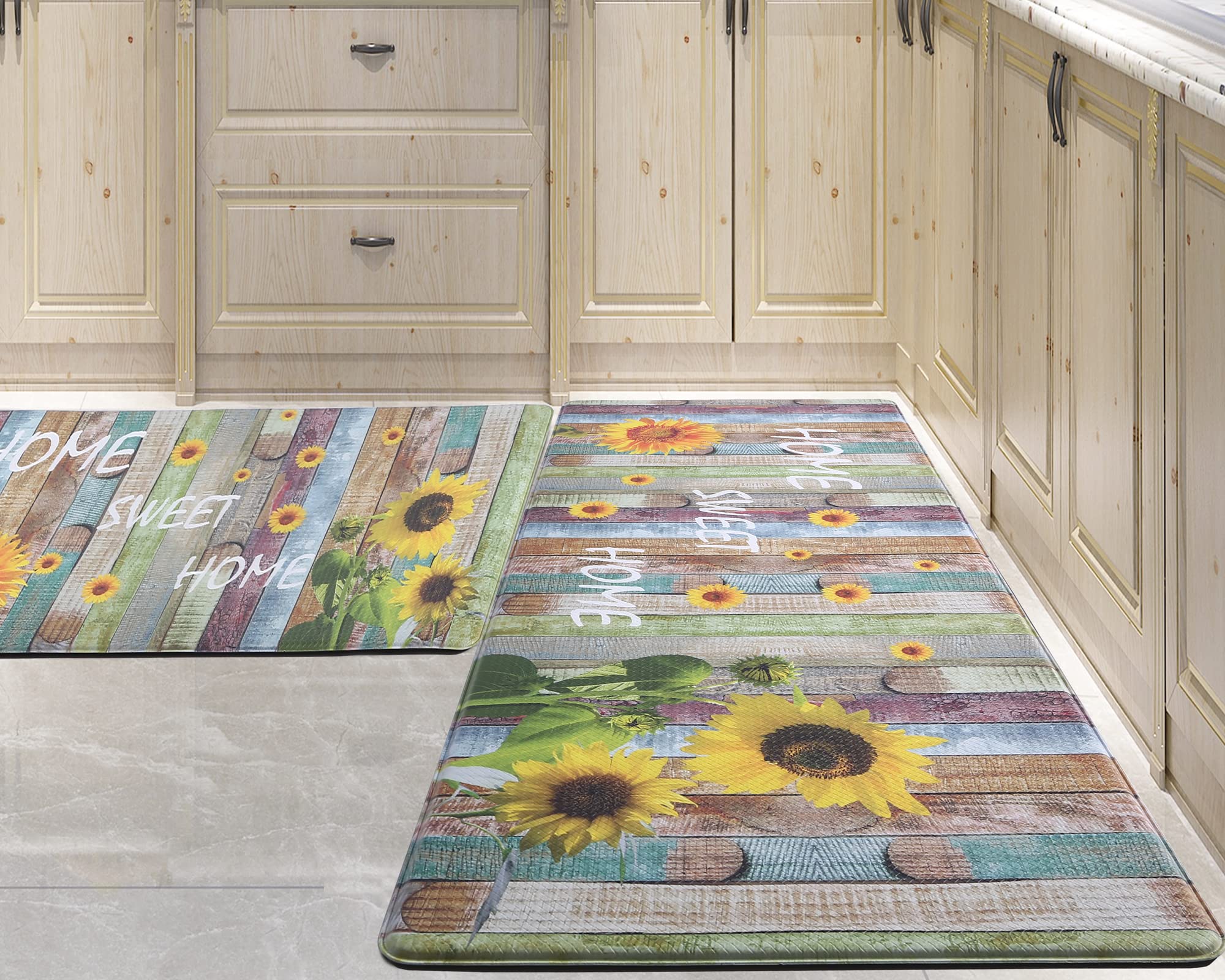 PCSWEET HOME Sunflower Kitchen Mat Set of 2 Non Slip Thick Kitchen Rugs and Mats for Floor Comfort Standing Mats for Kitchen, Sink, Office, Laundry, 17.3"x47"+17.3"x30",Multicolor