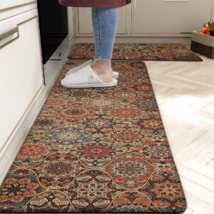 boho kitchen rugs and mats sets 2 cushioned anti-fatigue kitchen floor mat bohemian retro style pvc non-skid waterproof comfort standing memory foam mat for sink, laundry ,17.3" x28" + 17.3" x 47