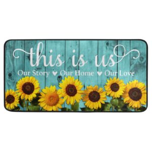 teal turquoise green wooden sunflowers kitchen rugs non slip this is us our story our home our love kitchen mats doormat bathroom runner area rug for kitchen decor, washable, 39 x 20 inch