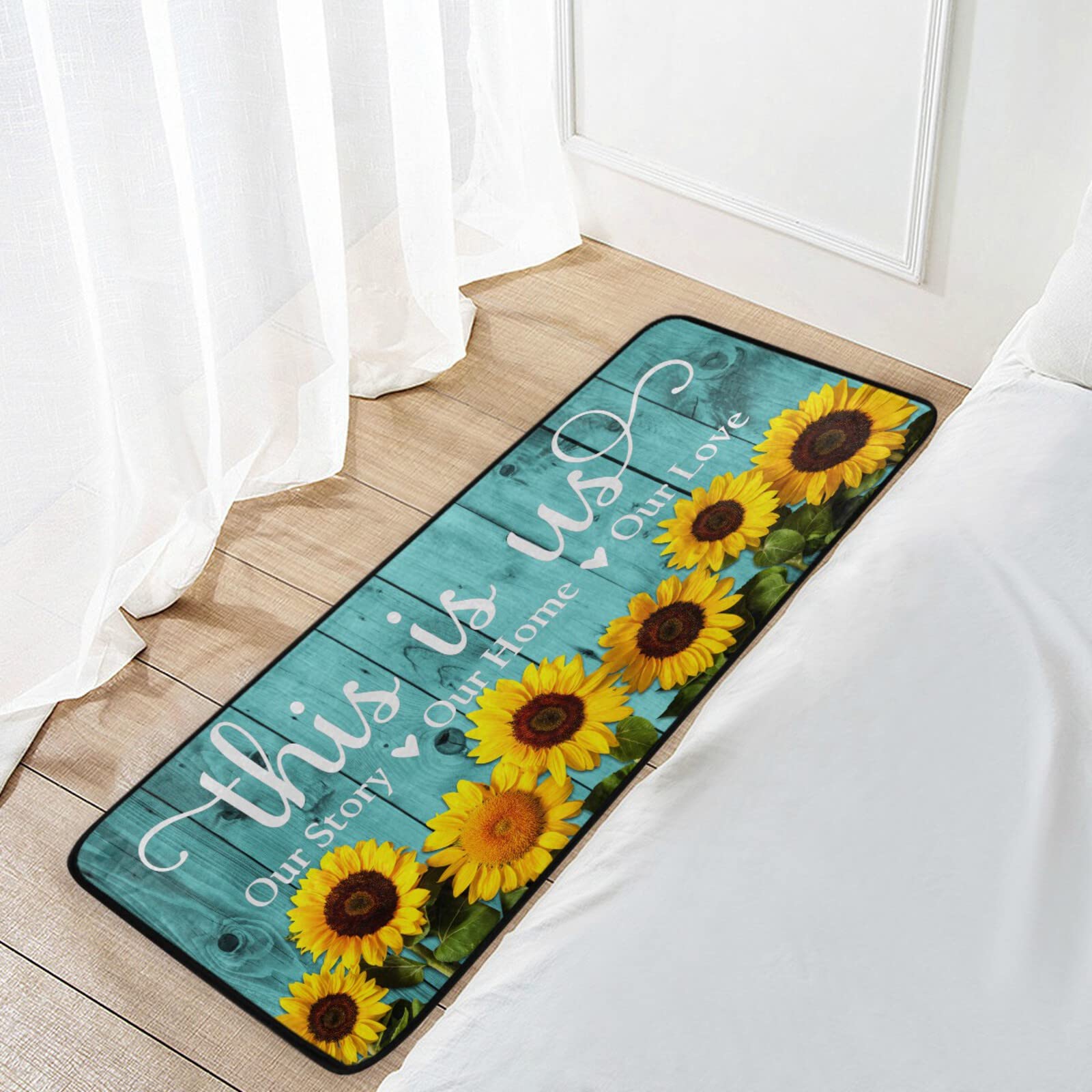 Teal Turquoise Green Wooden Sunflowers Kitchen Rugs Non Slip This is us Our Story Our Home Our Love Kitchen Mats Doormat Bathroom Runner Area Rug for Kitchen Decor, Washable, 39 x 20 Inch