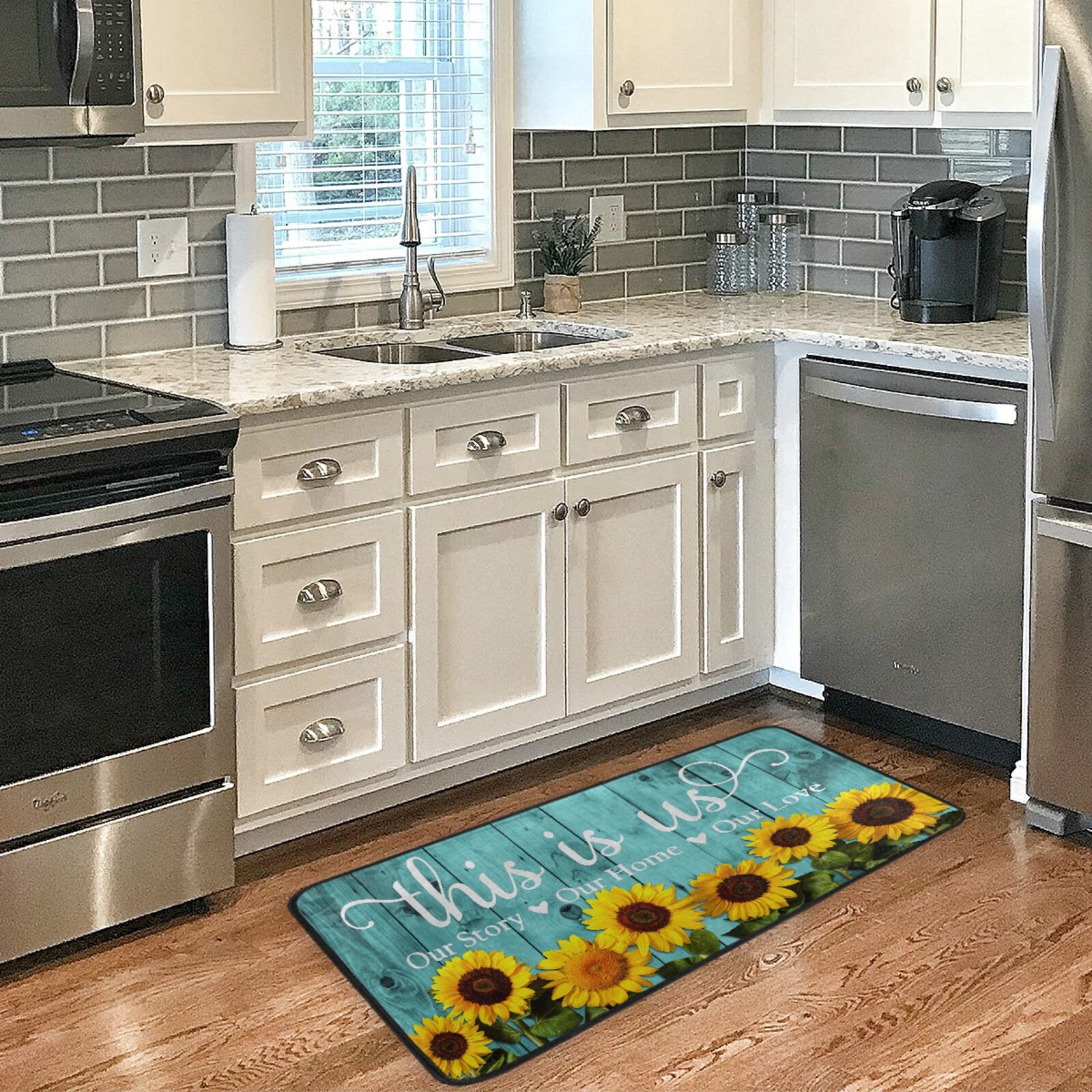 Teal Turquoise Green Wooden Sunflowers Kitchen Rugs Non Slip This is us Our Story Our Home Our Love Kitchen Mats Doormat Bathroom Runner Area Rug for Kitchen Decor, Washable, 39 x 20 Inch