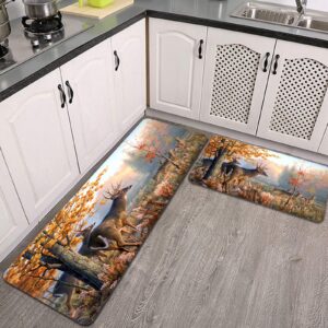 2 pieces whitetail deer life non-slip kitchen rug set,vector of mountain landscape with forest and eagle water absorb microfiber bathroom mat checkered doormat carpet for laundry