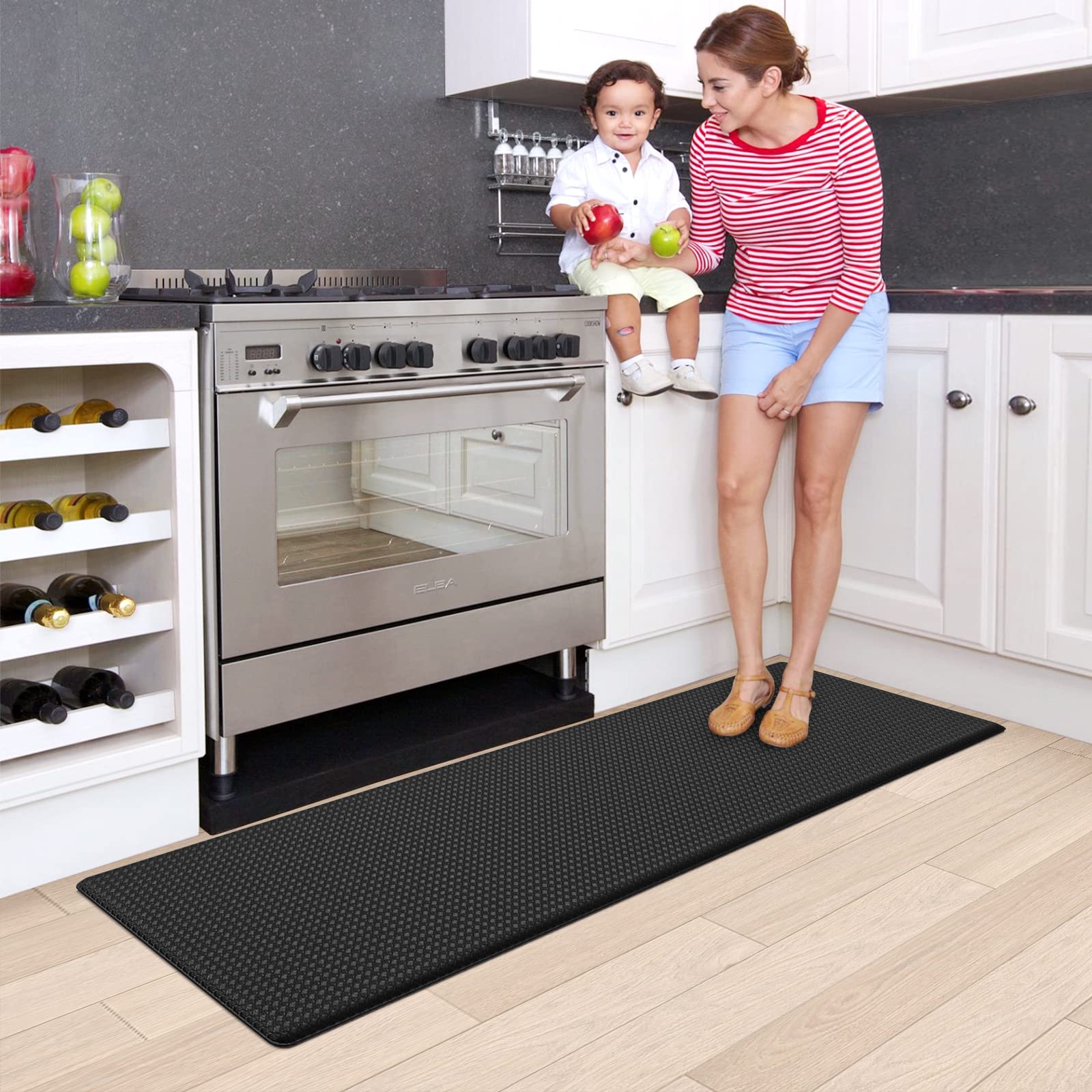 DEXI Kitchen Rugs and Mats Cushioned Anti Fatigue Comfort Runner Mats for Floor Rugs Waterproof Standing Rugs Set of 3,17"x29"+17"x59"+17"x59" Black