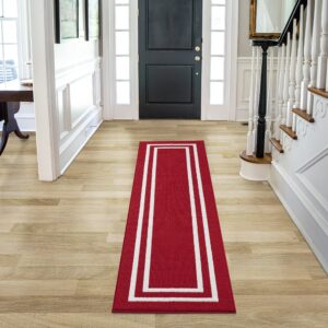 nautica runner rug | indoor carpet for entryway & hallway rug| non-slip and non-skid entry and kitchen door mat| machine washable low profile floor mat | 26" x 72"| double border red and white