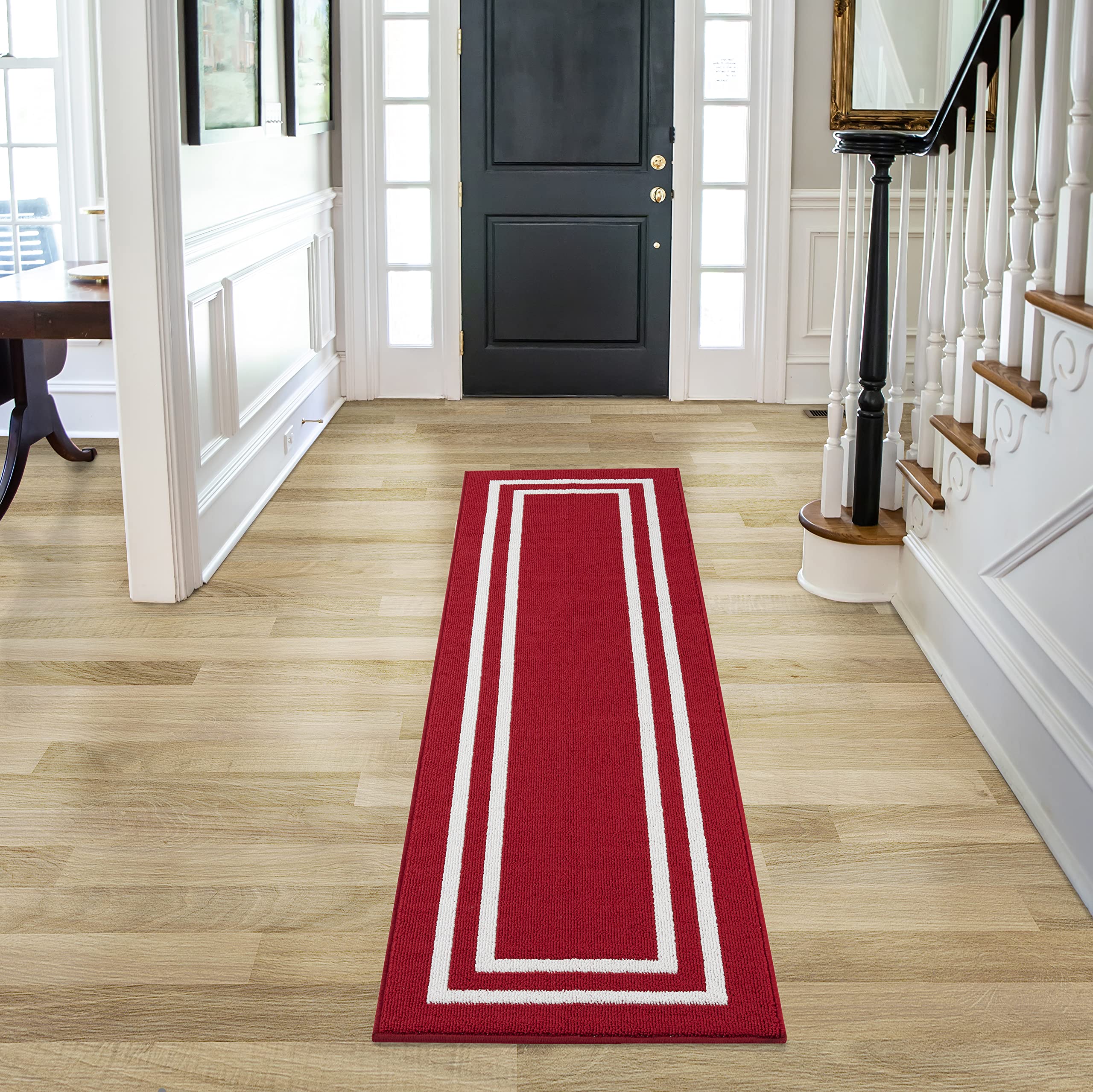 Nautica Runner Rug | Indoor Carpet for Entryway & Hallway Rug| Non-Slip and Non-Skid Entry and Kitchen Door Mat| Machine Washable Low Profile Floor Mat | 26" x 72"| Double Border Red and White