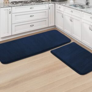 h.versailtex kitchen mat 2 pcs kitchen rugs non slip memory foam flannel velvety kitchen runner rug water absorbent soft kitchen rug set for floor rug standing rugs(47" x 17" + 24" x 17", navy)