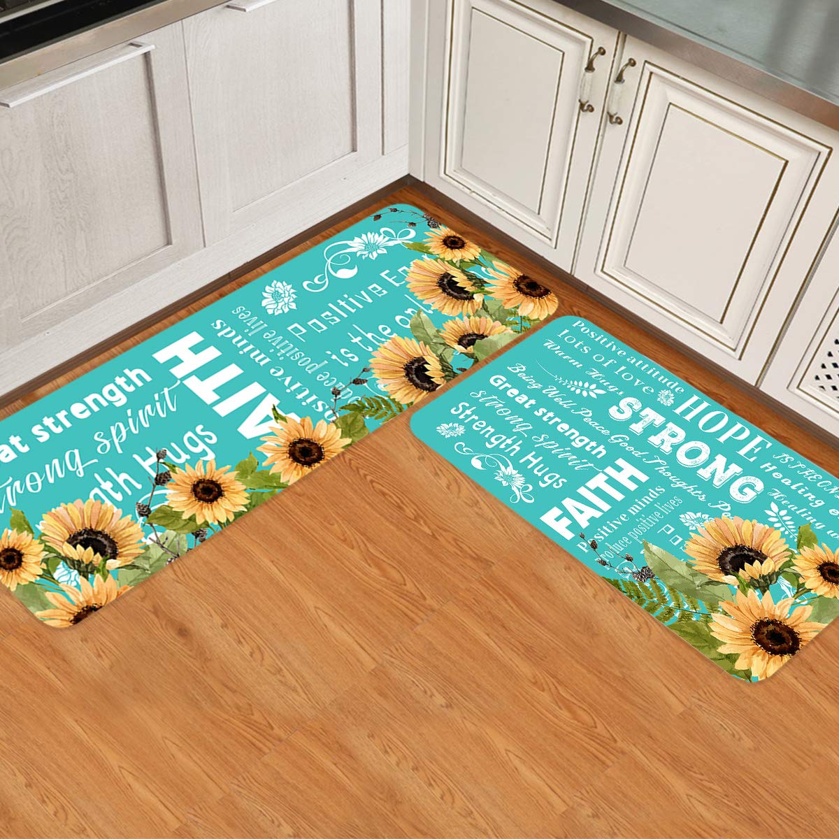 Sunflowers Hope Kitchen Rugs and Mats 2 Pieces,Positive Attitude Words Turquoise Decorative Carpet Floor Mat for Home Area Runner Non Slip Doormat