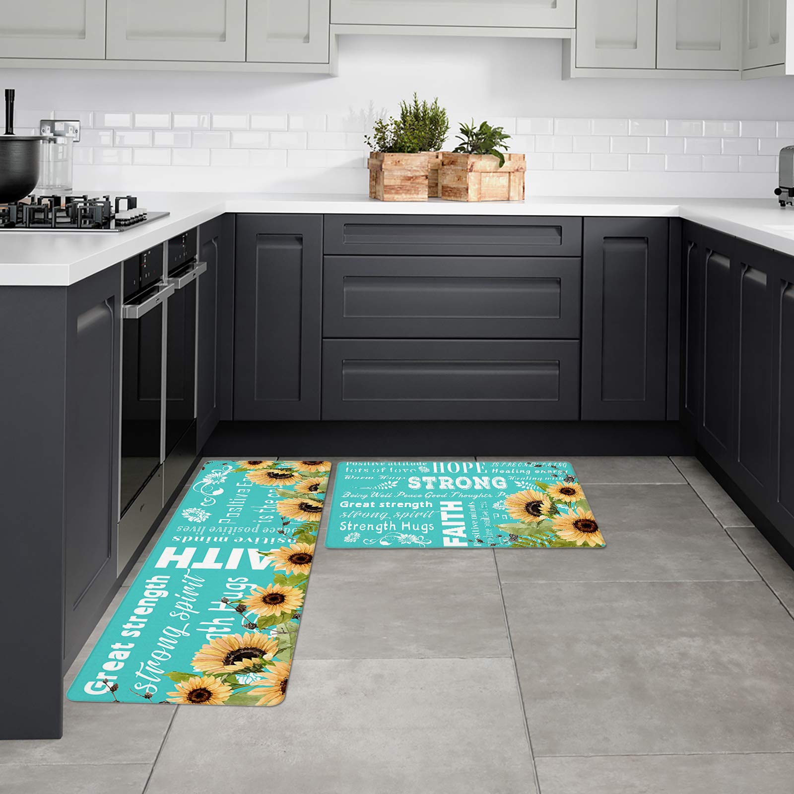 Sunflowers Hope Kitchen Rugs and Mats 2 Pieces,Positive Attitude Words Turquoise Decorative Carpet Floor Mat for Home Area Runner Non Slip Doormat