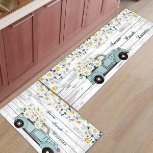 Big buy store Kitchen Rug Sets 2 Piece Blue Truck Daisy Non Slip Anti Fatigue Floor Mats Vintage Wood Comfort Soft Absorb Cushioned Standing Doormat Runner Rugs (15.7x23.6+15.7x47.2 inch)