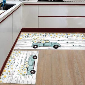 Big buy store Kitchen Rug Sets 2 Piece Blue Truck Daisy Non Slip Anti Fatigue Floor Mats Vintage Wood Comfort Soft Absorb Cushioned Standing Doormat Runner Rugs (15.7x23.6+15.7x47.2 inch)