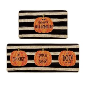 artoid mode watercolor stripes pumpkin decorative kitchen mats set of 2, happy halloween spooky trick or treat boo halloween holiday party low-profile floor mat for home kitchen - 17x29 and 17x47 inch