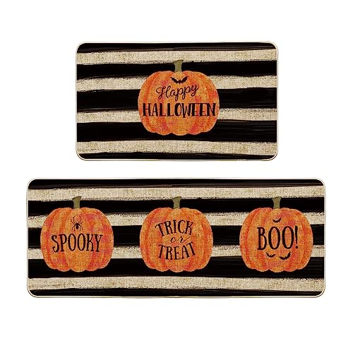 Artoid Mode Watercolor Stripes Pumpkin Decorative Kitchen Mats Set of 2, Happy Halloween Spooky Trick or Treat Boo Halloween Holiday Party Low-Profile Floor Mat for Home Kitchen - 17x29 and 17x47 Inch