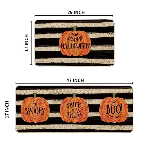 Artoid Mode Watercolor Stripes Pumpkin Decorative Kitchen Mats Set of 2, Happy Halloween Spooky Trick or Treat Boo Halloween Holiday Party Low-Profile Floor Mat for Home Kitchen - 17x29 and 17x47 Inch